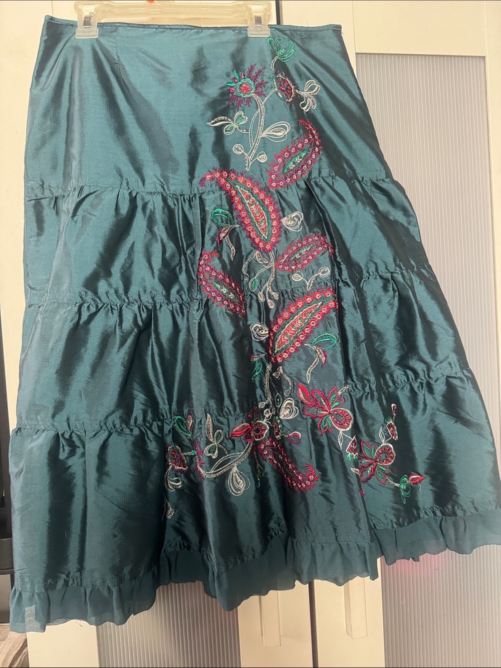 Carole Little Teal Tiered A-Line Skirt with Pink & Green Floral Embroidery